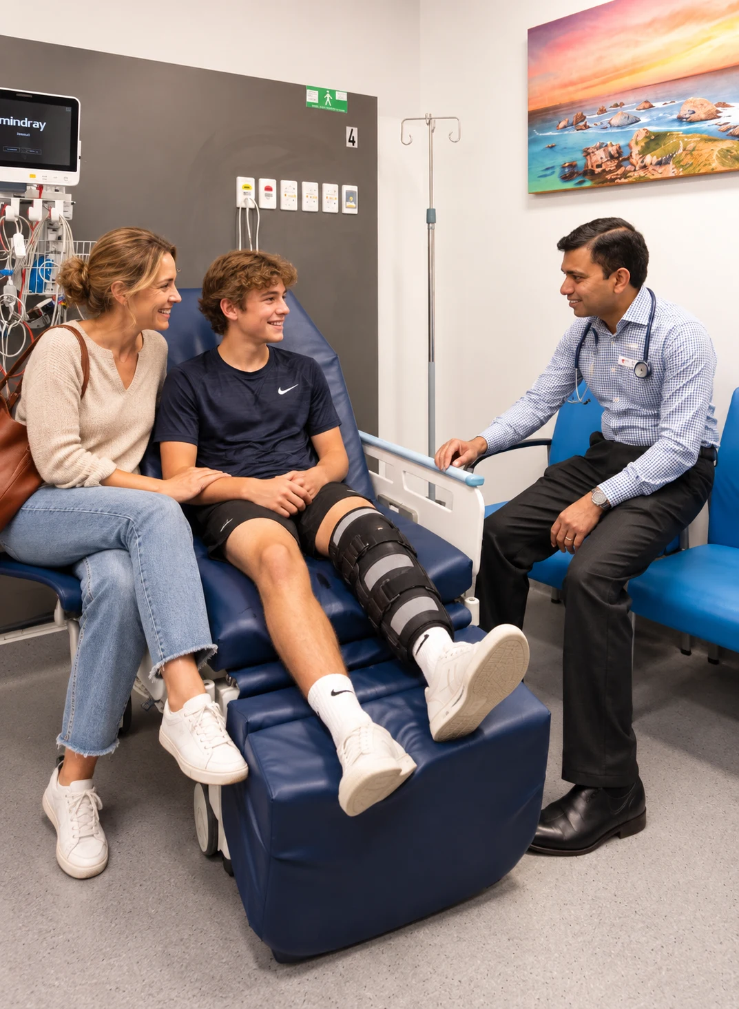Illustration of Doctor Vijay discussing care with a young person and their mother at Fast Track