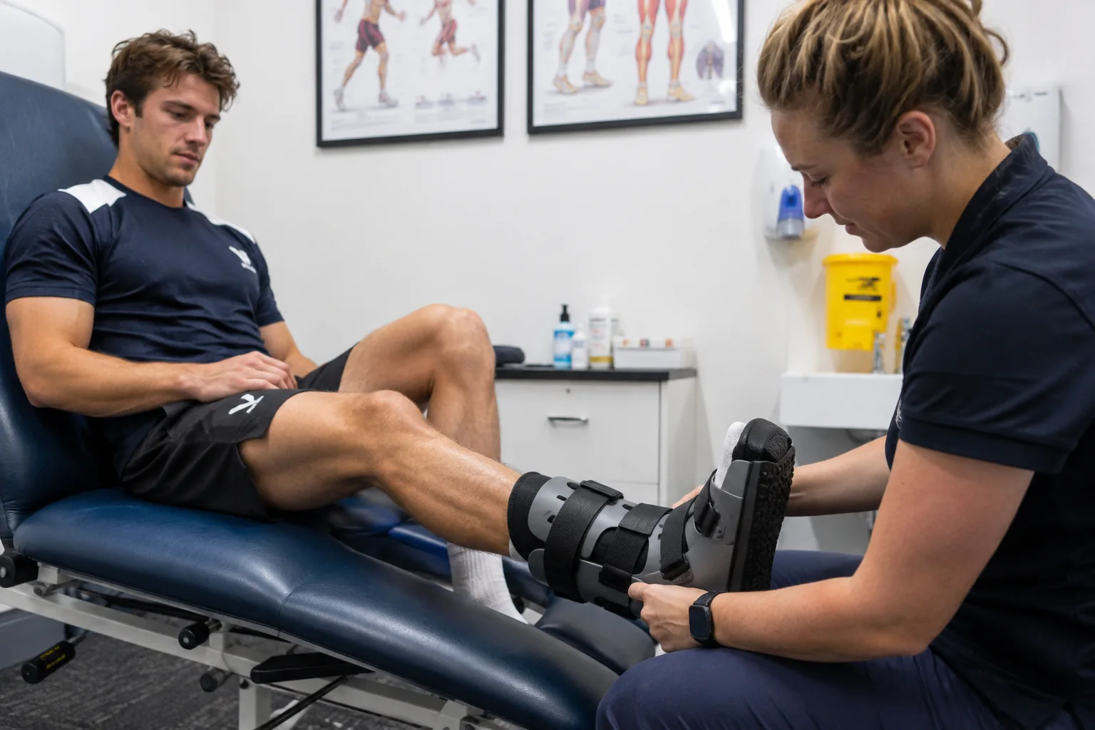 A clinician fitting an orthopaedic walking boot
