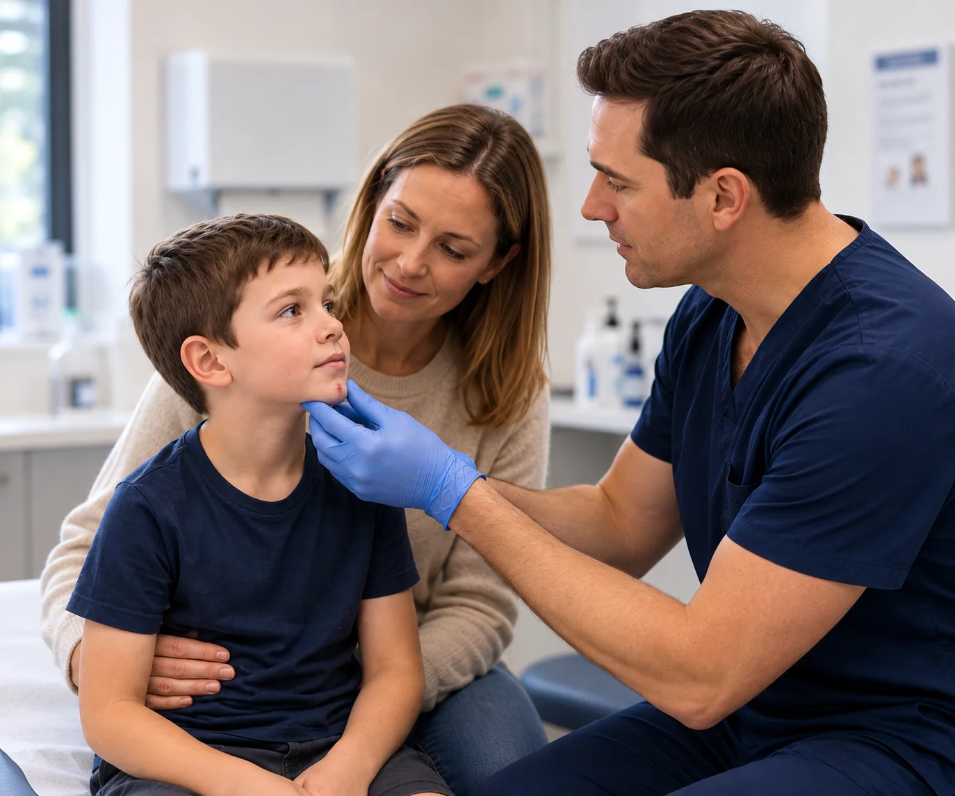 A clinician assessing a child’s chin with a parent present